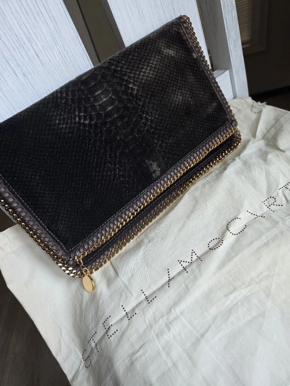 Stella McCartney Black Faux-Snake Foldover Chain Clutch with Gold Trim